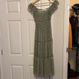 Trixxi Sage Green Floral Off-Shoulder Tiered Maxi Dress
